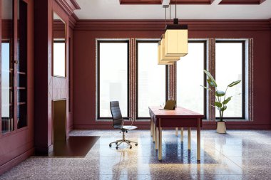 Ahşap bir masası, siyah koltuğu, geniş pencereleri ve modern bir dekorasyonu olan lüks bir yönetici ofisi. 3B Hazırlama