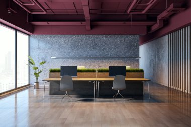 Ahşap masalar, bilgisayarlar, dekoratif yeşillikler, büyük pencereler ve sanayi tavanı olan modern ofis içi. Çağdaş iş yeri. 3B Hazırlama.