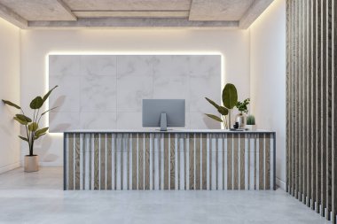 Ahşap aksanlı, mermer duvarlı ve yumuşak ışıklandırmalı modern bir lobide şık bir resepsiyon masası. Çağdaş ticari ofis içi. 3B Hazırlama