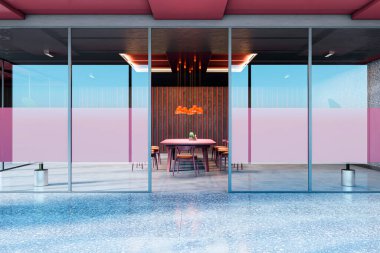 Cam duvarlı, pembe aksanlı ve şık ışıklandırmalı modern ofis yönetim kurulu odası, lüks bir iş ortamında gösterişli bir masa ve sandalyeler. 3B Hazırlama