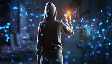 Siyah arka planda soyut dijital sosyal ağ bağlantılarıyla etkileşen başlıklı figür, siber güvenliği, hacklemeyi ve veri gizliliğini sembolize ediyor