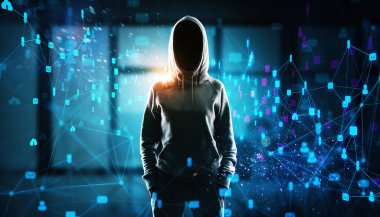 Soyut dijital sosyal ağ ikonlarına karşı kapüşonlu kapüşonlu suratsız hacker, parlayan mavi ışık, ve bağlı teknoloji geçmişi. Siber güvenlik kavramı