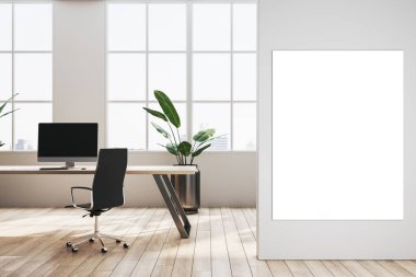 Masalı bir ofis, bilgisayar, arka planda bitkiler. Çağdaş kavram. 3B Hazırlama