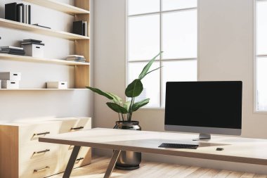 Masasında bilgisayar olan modern ofis çalışma alanı, minimalist tarz, beyaz arka plan, iş konsepti. 3B Hazırlama