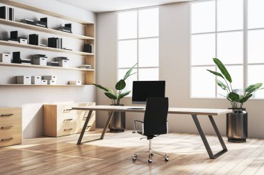 Boş ofis masası, bilgisayar, minimalist stil, ahşap zemin arka planı. İş kavramı. 3B Hazırlama