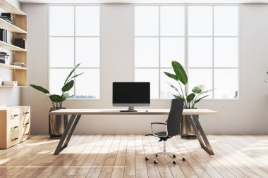 Bilgisayar, bitkiler, minimalist tarz, hafif arka plan, üretkenlik kavramı olan modern ofis çalışma alanı. 3B Hazırlama