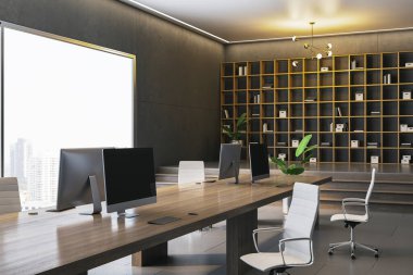 Kitap rafları, gerçekçi stili, şehir manzaralı modern ofis içi. Kurumsal çalışma alanı kavramı. 3B Hazırlama