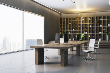 Ofis içi ahşap masa, kitaplıklar, gri arka planda modern tarz. Şirket işi kavramı. 3B Hazırlama