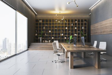 Ofis içi geniş pencereli, modern tasarım, ışık arka planlı. Kurumsal çalışma alanı kavramı. 3B Hazırlama