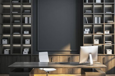 Kitap rafları olan modern yönetici ofisi, karanlık arka planda minimalist tarzı. Lüks çalışma alanı kavramı. 3B Hazırlama