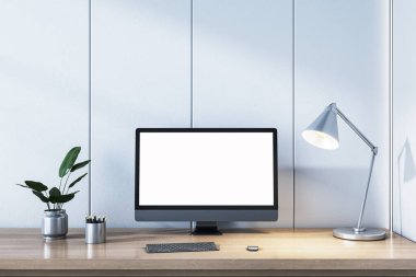 Bilgisayar ekranı, bitki ve lambalı ofis masası. Çalışma alanı kavramı. 3B Hazırlama