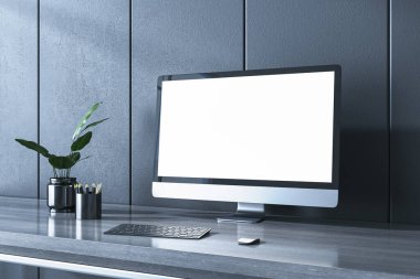 Bilgisayar ekranlı ofis çalışma alanı, gerçekçi tarz, karanlık arka plan, modern çalışma kavramı. 3B Hazırlama