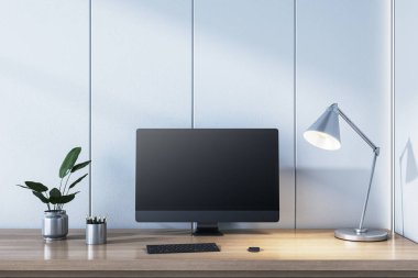 Bilgisayar ekranı, lamba ve bitki. Işık arka planında modern tarz. Çalışma alanı kavramı. 3B Hazırlama