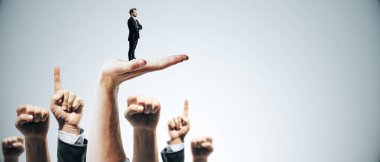 Elleri havada bir iş adamı, grafik stili, hafif arka plan, liderlik kavramı