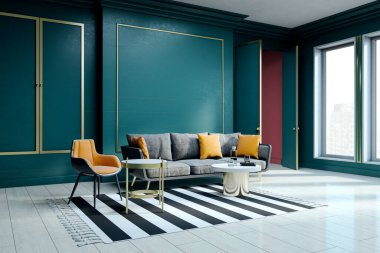 Modern bir kanepesi, koltuğu ve şatafatlı bir iç mekanı olan, altın aksanlı ve geniş pencereli masaları olan bekleme salonu. 3B Hazırlama