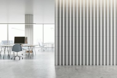 Ofis içi, dikey duvar tasarımlı, modern tarzda, açık arkaplanda. Şirket alanı kavramı. 3B Hazırlama