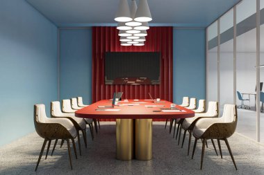 Kırmızı masalı konferans odası, beyaz sandalyeli, modern tarzda mavi arka planda. İş görüşmesi kavramı. 3B Hazırlama