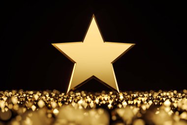 Koyu arkaplanda küçük altın elementler arasında büyük bir altın yıldız. Yüksek derecelendirme, kalite, mükemmellik ve yüksek hizmet kavramı. 3B Hazırlama