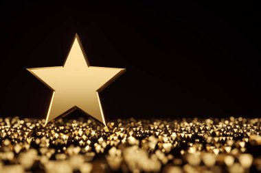 Koyu arkaplanda parıldayan küçük yıldızların arasında duran altın yıldız. Derecelendirme, değerlendirme, kalite, müşteri geri bildirimi ve mükemmellik kavramı. 3B Hazırlama