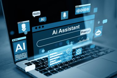 Laptop ekranında yapay zeka asistanı arayüzü, dijital tarzda, koyu arkaplanda. Teknoloji kavramı. 3B Hazırlama