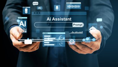 İş adamı dijital cihazda Ai Asistan Arayüzü kullanıyor. Koyu arkaplanda grafiksel stil. Teknoloji kavramı