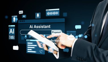 Tablette yapay zeka asistanı kullanan işadamı, dijital stil, karanlık arkaplan, teknoloji ve destek kavramı