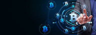 Bitcoin sembolleri ve ağ dizaynı koyu arkaplanda. Modern grafik tarzı. Kripto para birimi kavramı