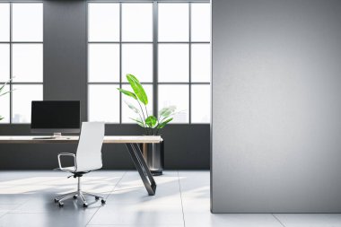 Bilgisayar ve fabrikalı ofis masası, modern tarz, hafif arka plan, iş alanı kavramı. 3B Hazırlama