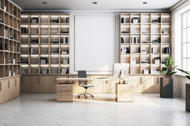 Ahşap masası, kitap rafları, aydınlık arka planı olan modern yönetici ofisi. Lüks çalışma alanı kavramı. 3B Hazırlama