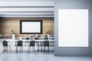 Boş ekranlı oditoryum ve duvarında maket poster, modern grafik tarzı, gri arkaplan. Eğitim kavramı. 3B Hazırlama