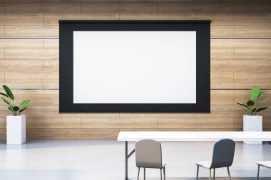 Modern sınıfın içinde boş ekran modeli, minimalist stil, ahşap arka plan, eğitim konsepti. 3B Hazırlama