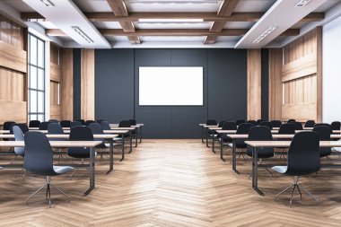 Koltuklu boş modern sınıf ve ahşap arka planda ekran modeli. Eğitim kavramı. 3B Hazırlama
