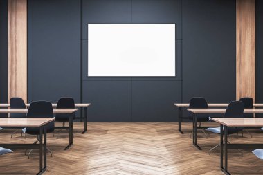 Koltukları ve boş ekranı olan boş bir sınıf. Karanlık arka planda modern tarz. Eğitim kavramı. 3B Hazırlama
