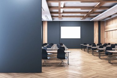 Koltukları ve ekranı olan boş oditoryum, modern tarzda, ahşap arka planda. Eğitim kavramı. 3B Hazırlama