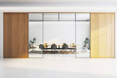 Masalı ve sandalyeli konferans odası, modern tarz, beyaz arka plan, iş toplantısı konsepti. 3B Hazırlama