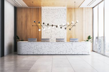 Lüks otel resepsiyon masası kırık taş desenli, modern ışıklandırmalı ve ahşap panelli, şehir manzaralı büyük pencerelere dayanıyor. 3B Hazırlama
