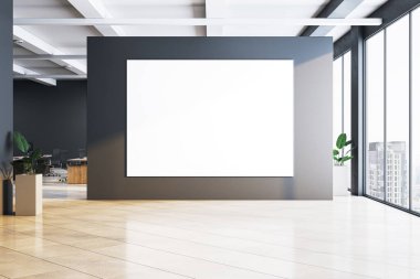 Boş ofis alanı, karanlık duvarında beyaz bir poster, modern iç mekan, büyük pencereler, şehir manzarası, temiz ve parlak iş yeri konsepti. 3B Hazırlama.