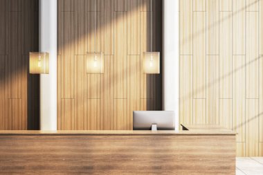 Ahşap duvarları, asılı lambaları ve gölgeleri olan modern bir ofis lobisinde boş bir resepsiyon masası. Şatafatlı şirket içi. 3B Hazırlama