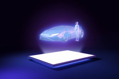 Araba ve robotun hologramı dijital tabletin üstünde, fütüristik tarzda, koyu arkaplanda. Gelecekteki teknoloji kavramı. 3B Hazırlama