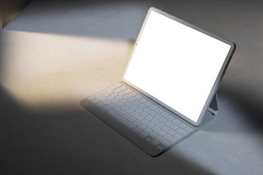 Klavyeli tablet, dijital stil, ışık arkaplan, modern teknoloji kavramı. 3B Hazırlama