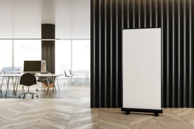 Ofis içi, ahşap zemin üzerinde modern tasarım pankartı. İş sunumu kavramı. 3B Hazırlama