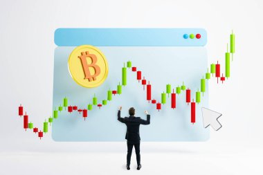 İş adamı dijital ekranda Bitcoin şamdanının önünde yumruk kaldırıyor. Finansal başarı kavramı, kripto para ticareti ve yatırım