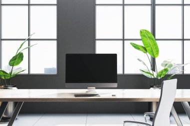 Bilgisayar ve bitkilerle dolu ofis masası, modern tarz, pencere arkaplanı, çalışma alanı kavramı. 3B Hazırlama