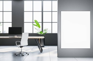 Ofis içi masa, sandalye, arka planda bitki. İş kavramı. 3B Hazırlama