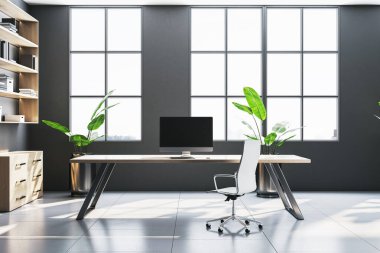 Masası, koltuğu, bitkileri, modern tarzı, hafif geçmişi, iş anlayışı olan bir ofis. 3B Hazırlama