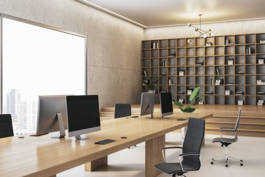 Bilgisayarlı boş modern ofis, gerçekçi tarzda, arka planda. İş kavramı. 3B Hazırlama