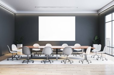 Masası ve sandalyeleri olan boş bir konferans odası, modern tarzda, ahşap zeminde, iş toplantısı konsepti. 3B Hazırlama