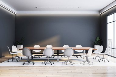 Tahta masa ve beyaz sandalyeli konferans odası, modern tarz, gri arka plan, iş toplantısı konsepti. 3B Hazırlama