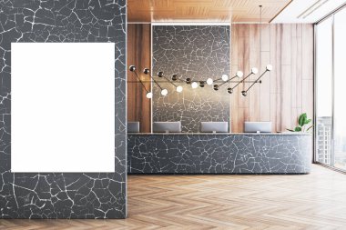 Çağdaş otel resepsiyon alanı mermer tezgah, ahşap parke zemin ve koyu dokulu bir duvarda boş dikey poster. 3B Hazırlama