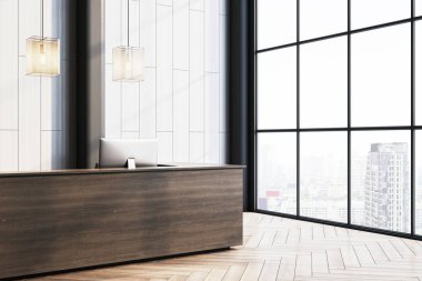 Modern ofis lobisinde bilgisayarı olan ahşap resepsiyon masası, büyük cam pencereler, şehir manzarası, beyaz fayanslı duvarlar, kolye aydınlatma. 3B Hazırlama